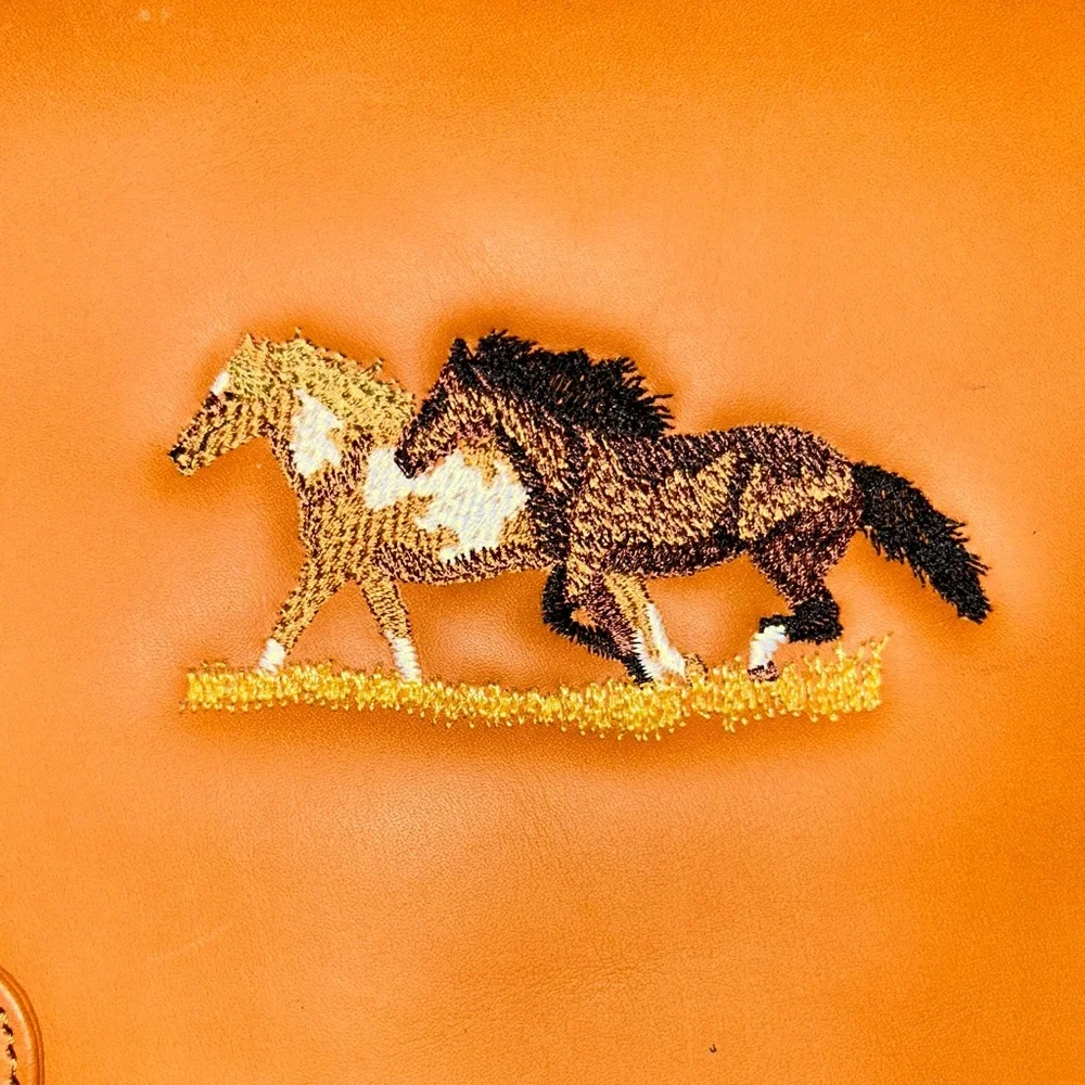 Tan Leather Briefcase Messenger Bag with Horse Embroidery